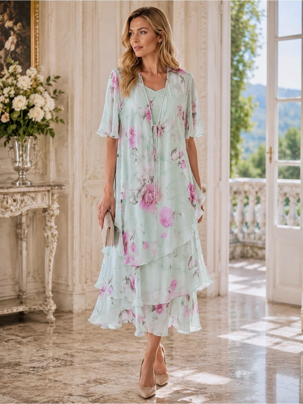Cattiva New York Floral Chiffon Dress & Jacket Set Size 12 Made USA